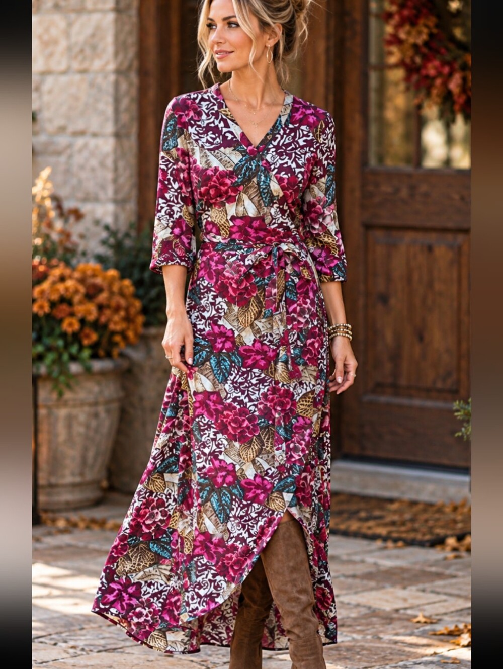 Soft Surroundings Floral Wrap Maxi Dress Soft Knit  Fuchsia, Teal/ Gold Sz M